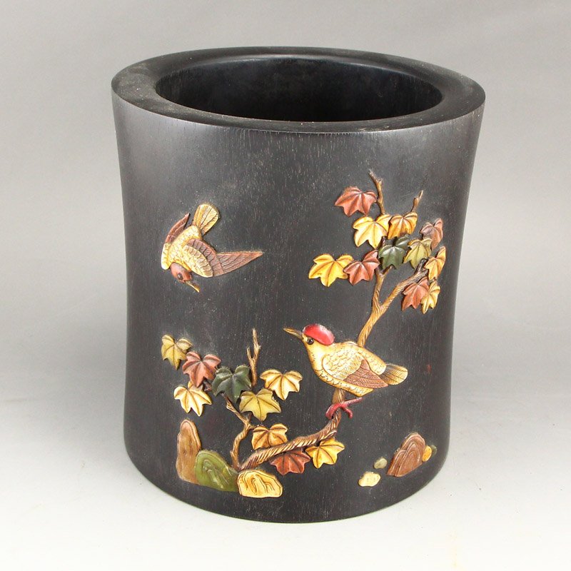 Vintage Zitan Wood Inlay Shells & Gems Brush Pot (1 of 6)