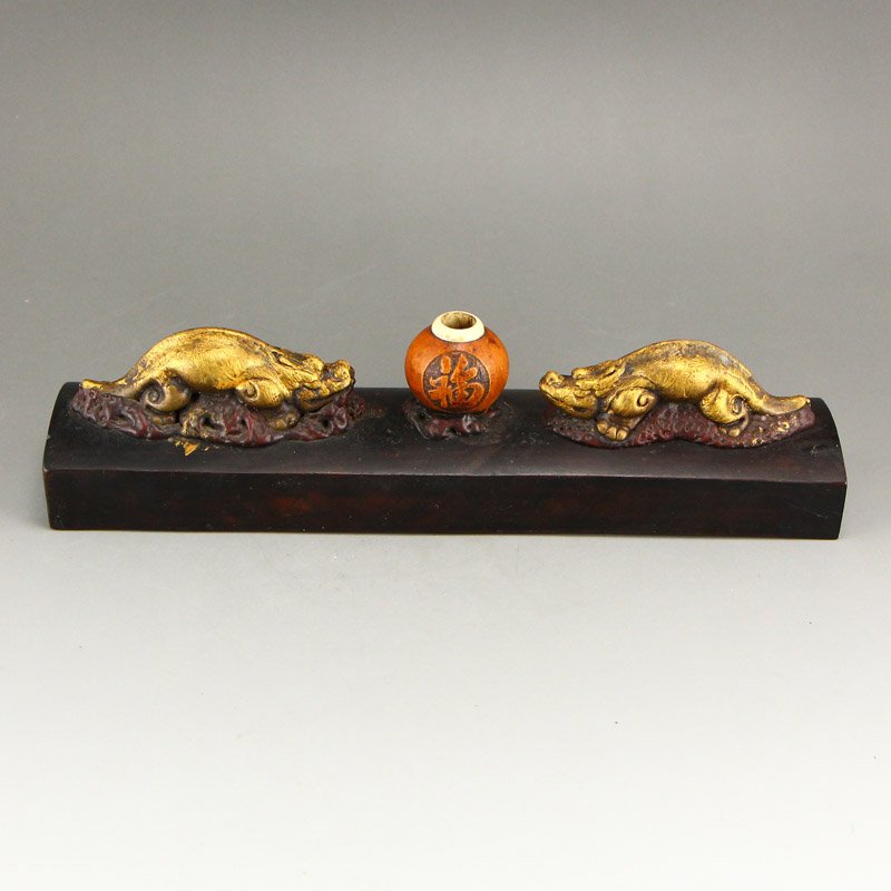 Zitan wood Paperweight w Gilt Gold Bronze Beasts (1 of 7)