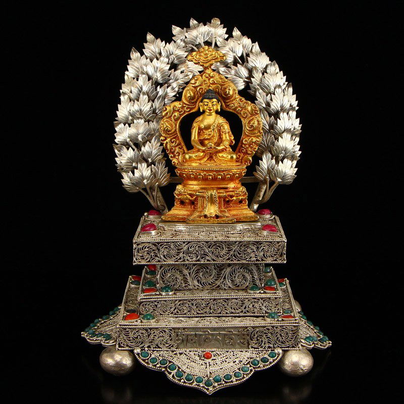 Tibetan Buddhism Silver Gilt Gold Sakyamuni Statue (1 of 11)