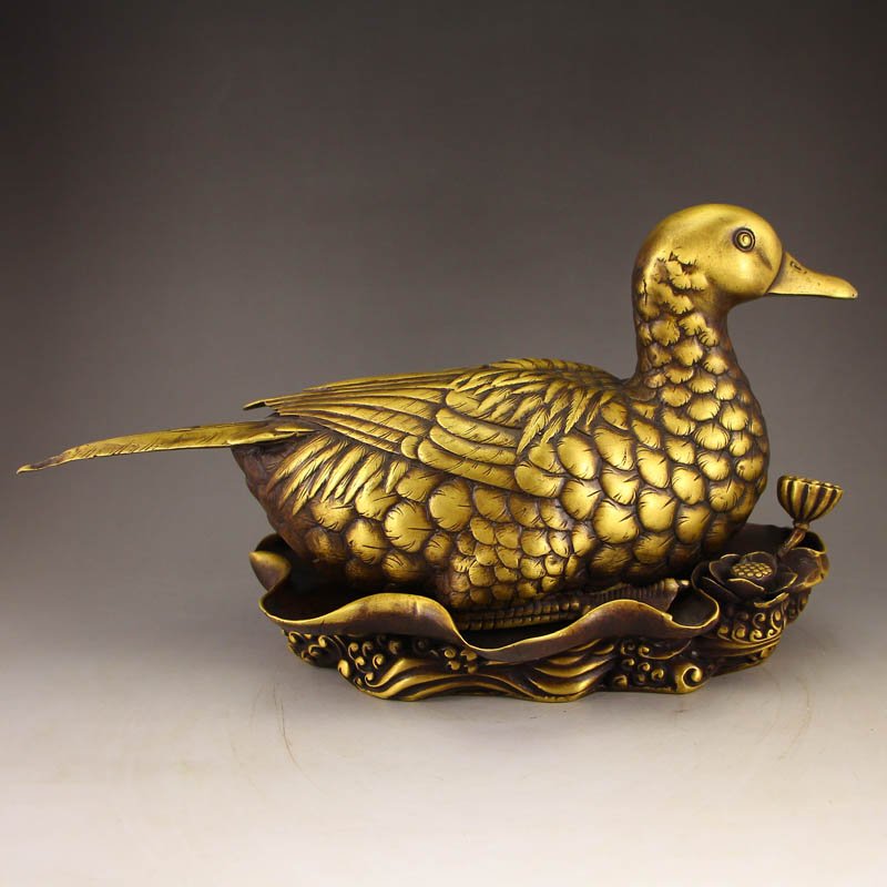 Vintage Chinese Brass Statue - Duck w Lotus Leaf Base (1 of 10)
