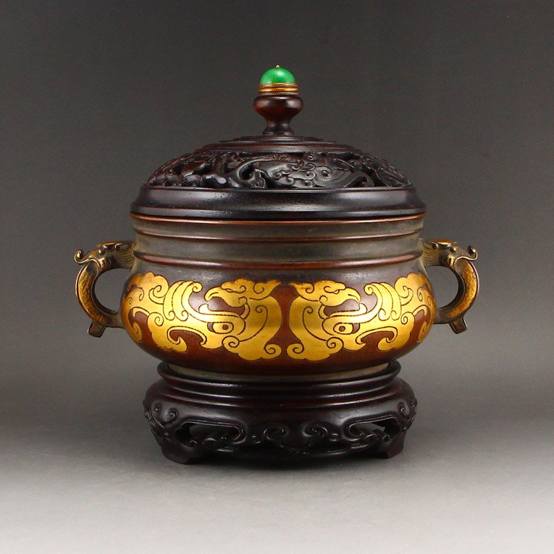 Chinese Gilt Gold Red Copper Double Ears Incense Burner (1 of 11)
