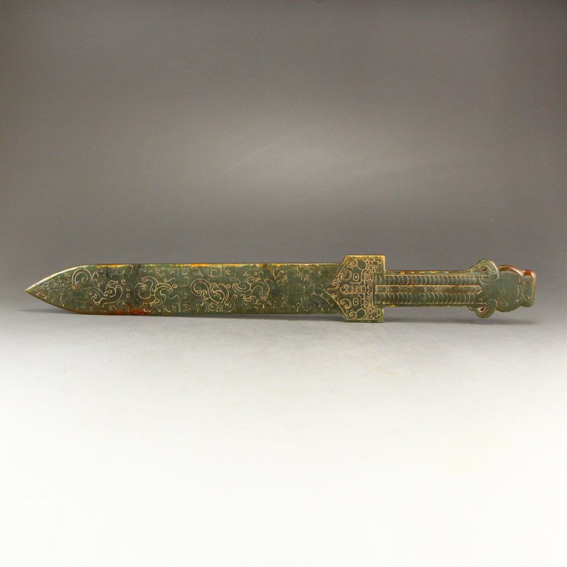 Chinese Han Dy Hetian Jade Swords w Dragons & Phoenixes (1 of 6)