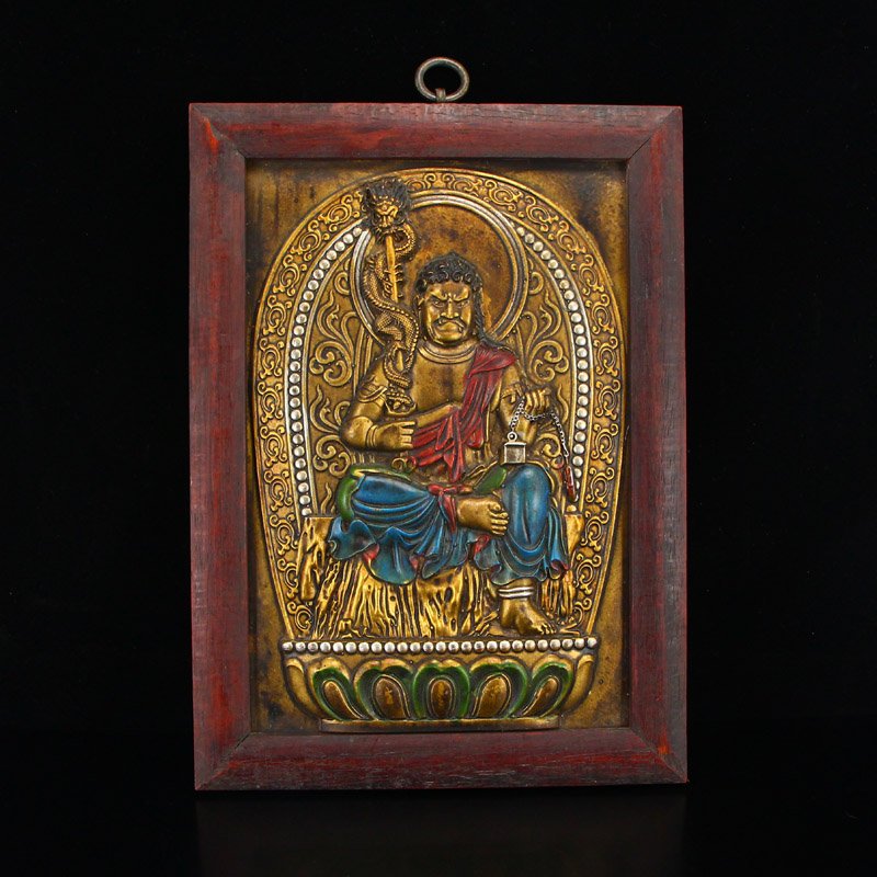Tibetan Buddhism Coloured Gilt Gold Red Copper Tangka: Vintage Tibetan Buddhism Coloured Gilt Gold Red Copper Aryaacalanatha Tangka w Zitan wood Frame Dimension: 300 x 215 x 18 (mm) 11.81 x 8.46 x 0.71 (inches) Weight: 1.42 lbs/644 g