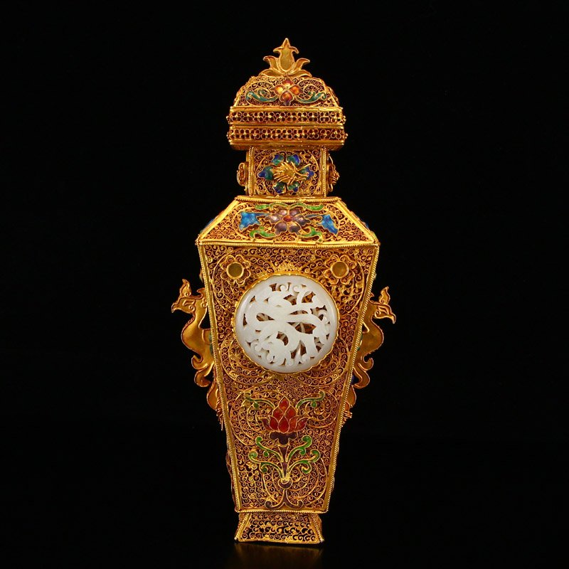 Gold Wire Enamel Inlay Hetian Jade Double Ears Vase (1 of 9)