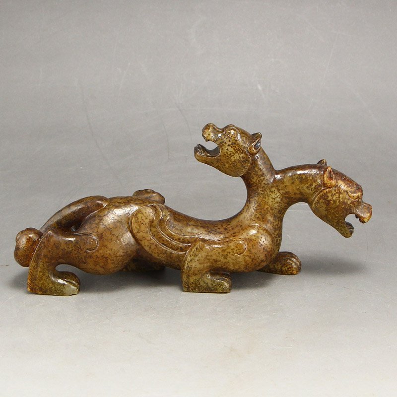 Vintage Chinese Hetian Jade Double Heads Beast Statue (1 of 7)