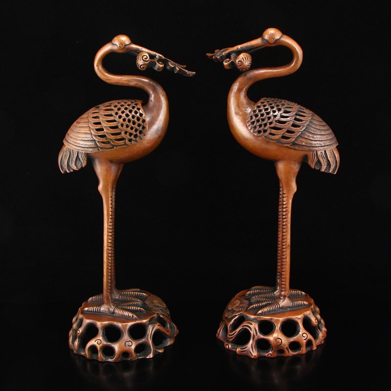 Pair Vintage Chinese Red Copper Cranes Incense Burner (1 of 13)