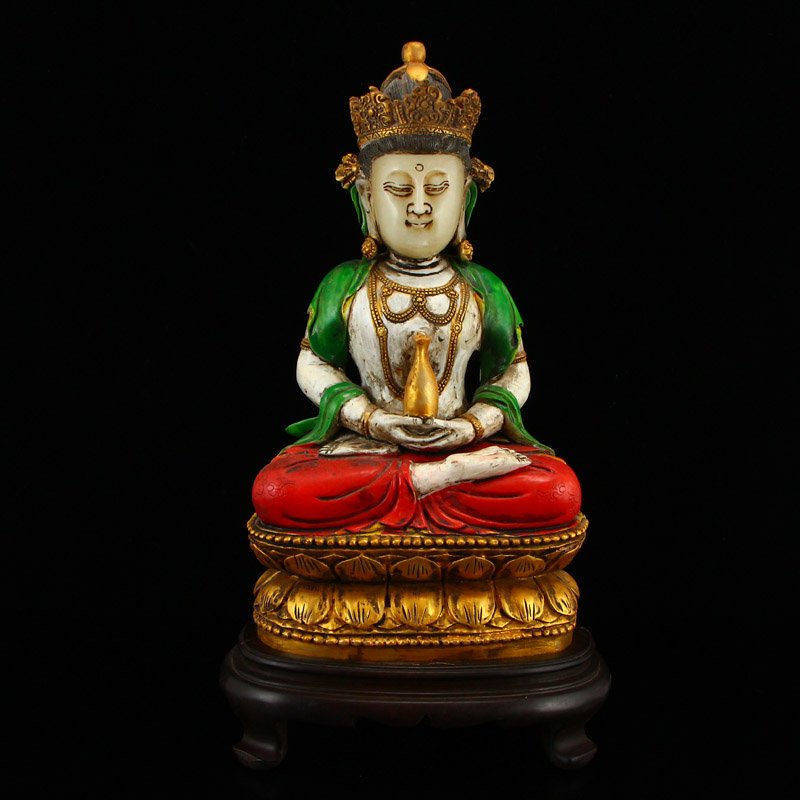 Gilt Gold Coloured Shoushan Stone Kwan-yin Statue (1 of 9)