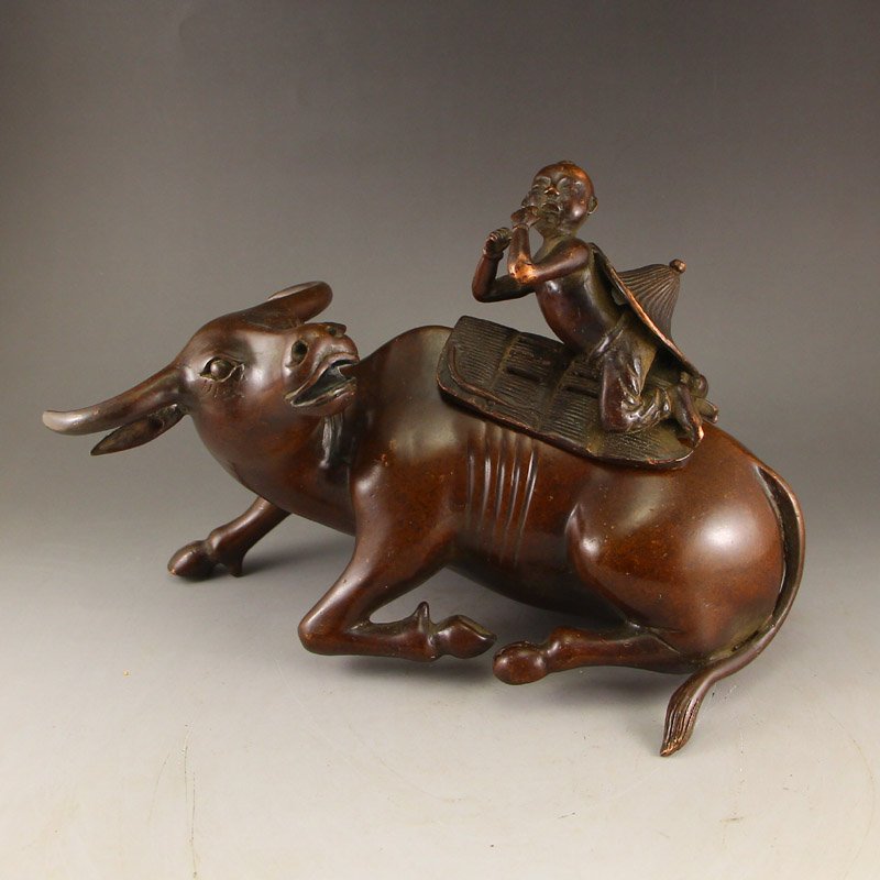 Chinese Ming Dy Red Copper Incense Burner - Ox & Kid: 中國明代 牧牛童子 紫銅熏香爐 Chinese Ming Dynasty Red Copper Incense Burner - Ox & Kid Dimension: 280x155x115(mm)11.02x6.1