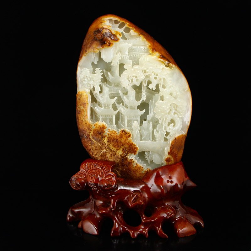 Chinese Natural Hetian Jade Statue - Sages & Pine Tree: Hetian jade statue of sages among pine trees with certificate of authenticity. This lovely orange stone opens up to reveal the stark white, three-dimensional scene. Dimension: 274 x 175 x 50 (mm) 10.7