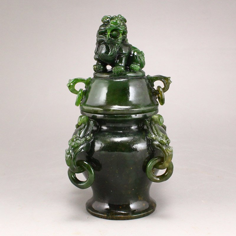 Chinese Green Hetian Jade Dragon Heads Incense Burner: Chinese Green Hetian Jade Dragon Heads Incense Burner W Lion Lid & Certificate Dimension: 98x104x145(mm) 3.86x4.09x5.71(inches) Weight: 0.95 lbs/433 g