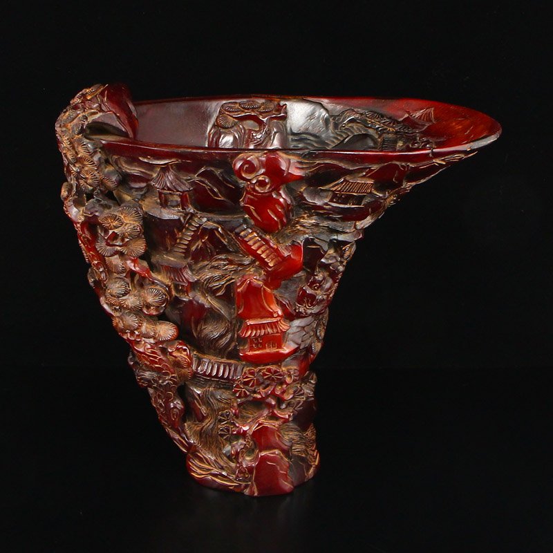 Ox Horn Low Relief Figures & Pine Tree Sacrifice Cup: Low relief ox horn sacrificial cup. The asymmetrical piece is covered in masterful carvings of various figures amidst pine trees. Dimension: 200x215x123(mm) 7.87 x8.46x4.84(inches) Weight: 2.47 lbs/11