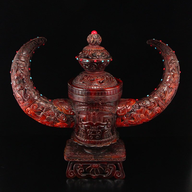 Openwork Vintage Ox Horn Inlay Gems Incense Burner: Fantastic vintage ox horn incense burner. The cylindrical body features two protruding horns and an ornate lid dotted with inlaid gems, all of which wear fine low relief caring. The body sits on a sma