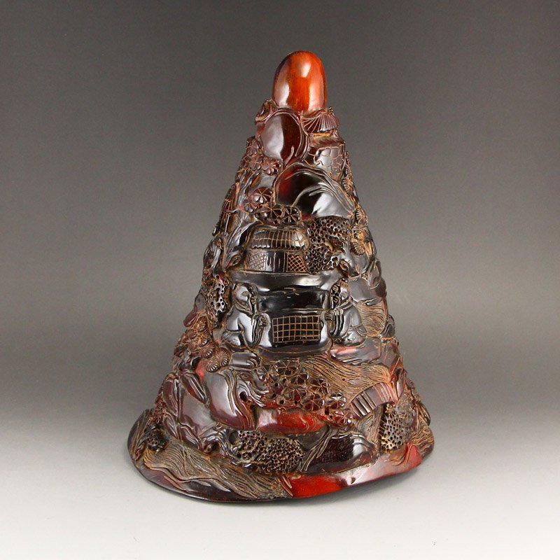 Ox Horn Low Relief Big Statue - Playing Chess Old Man: 中國清代 精工浮雕 世外桃源 志同道合 角雕擺件 Chinese Qing Dynasty Ox Horn Low Re