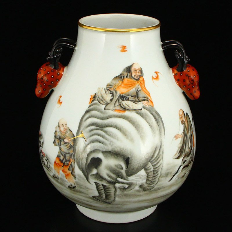 Gilt Gold Famille Rose Porcelain Double Ears Vase: Beautiful famille rose porcelain vase with Qian Long mark. The stark white vase is the perfect canvas for the realistic decorative depiction of an elephant among men. The other side showcases written 
