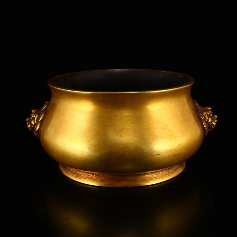 Gilt Gold Red Copper Beast Heads Incense Burner: Chinese Ming Dynasty Gilt Gold Red Copper Beast Heads Incense Burner Dimension: 192x169x88(mm) 7.56x6.65x3.46(inches) Weight: 6.30 lbs/2858 g