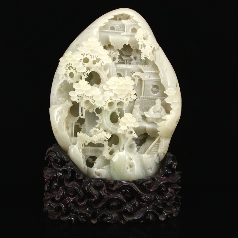 Qing Dynasty Hetian Jade Sage & Pine Tree Statue: Qing Dynasty Hetian jade sage and pine tree statue. The scene is carved into an otherwise undisturbed stone, juxtaposing the complex front fo the piece with its natural back. Dimension: 246x183x55 (mm