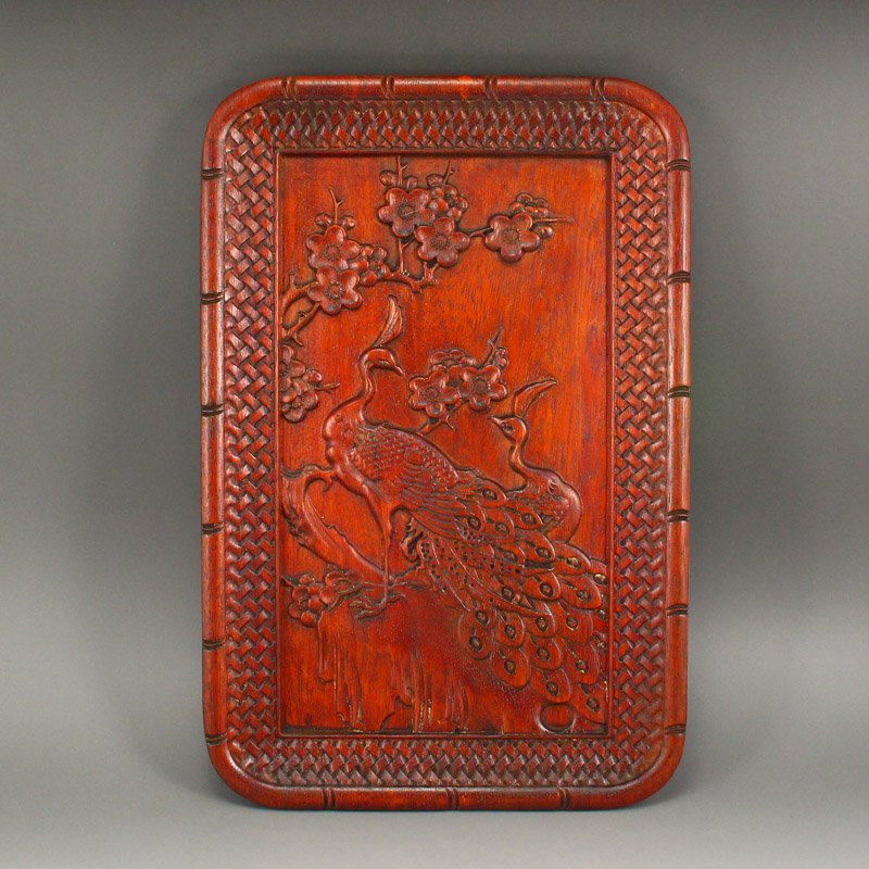 Vintage Yuenan Huali Wood Low Relief Tea Tray w Peacock: Vintage Yuenan Huali Wood Low Relief Tea Tray w Peacock Dimension: 357 x 236 x 26 (mm) 14.05 x 9.29 x 1.02 (inches) Weight 2.71 lbs/1229 g