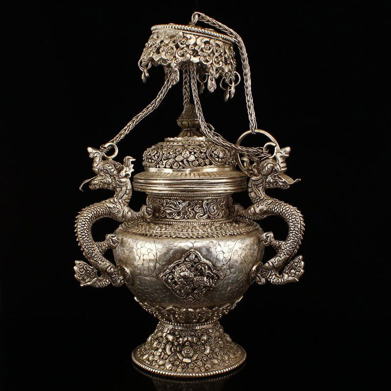 Tibetan Silver Lucky Dragon Braced Chain Incense Burner: Superb Vintage Tibetan Silver Lucky Dragon Braced Chain Incense Burner Dimension: 280 x 210 x 190 (mm) 11.02 x 8.27 x 7.48 (inches) Weight: 6.56 lbs/2975 g