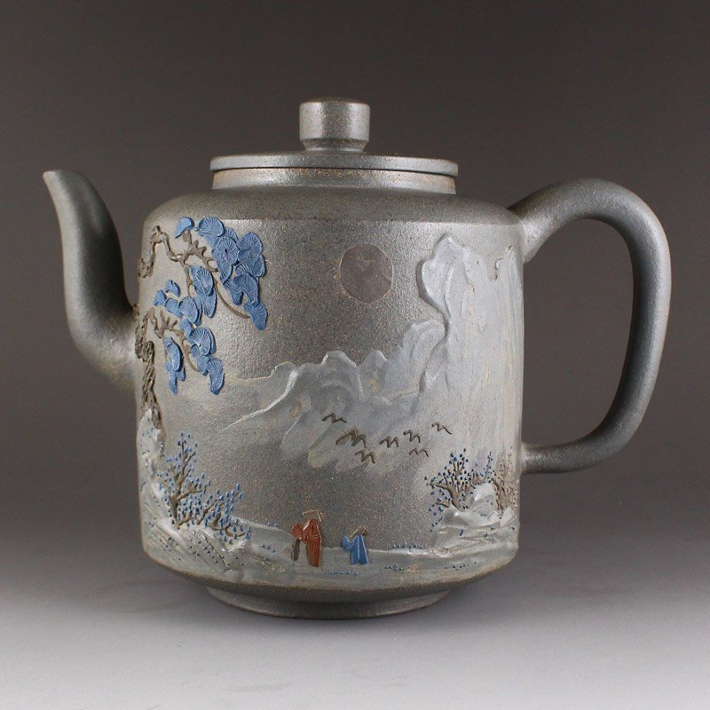 Superb Chinese Yixing Zisha Clay Teapot w Artist Signed: 中國宜興 詩文風景意境 紫砂茶壺 Superb Chinese Yixing Zisha Clay Teapot w Artist Signed Dimension: 170 x 130 x 100 (m