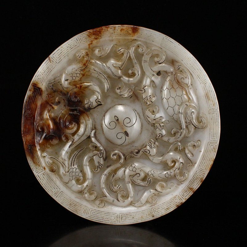Superb Han Dy Hetian Jade Divine Beasts Jade Mirror: 中國漢代 精工浮雕 青龍、白虎、朱雀、玄武 四大神獸紋 