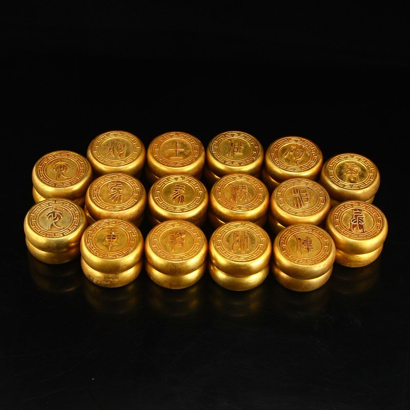 Vintage Chinese Gilt Gold Red Copper Chess Set: 清 精美鎏金紫銅 中國象棋壹套 Vintage set of red copper chess pieces. Each piece is covered entirely in gilt gold, giving a