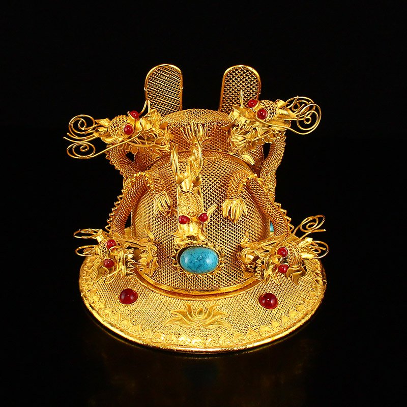 Exquisite Ming Dy Five Dragon Gold Wire Inlay Gem Crown: 中國明代 精美金絲鑲嵌寶石 伍龍皇冠Exquisite Chinese Ming Dynasty Five Dragon Gold Wire Inlay Gems Crown 