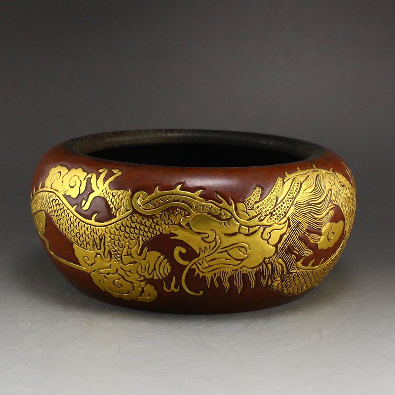 Chinese Ming Dy Gilt Gold Red Copper Brush Washer: 中國 明 精美鎏金紫銅 盤龍雲海 筆洗 Chinese Ming Dynasty Gilt Gold Red Copper Cloud Dragon Design Brush Washer