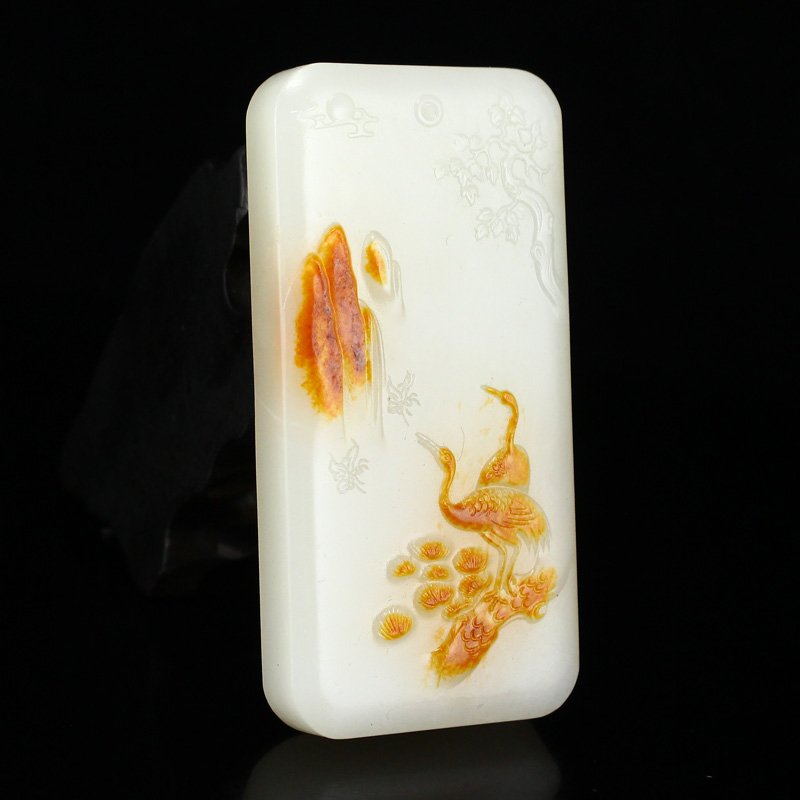 Chinese White Hetian Jade Cranes & Pine Tree Pendant: Chinese White Hetian Jade Cranes & Pine Tree Pendant w Certificate Dimension: 79 x 39 x 11 (mm) 3.11 x 1.53 x 0.43 (inches) Weight: 0.20 lbs/92.48 g The wooden stand no included.
