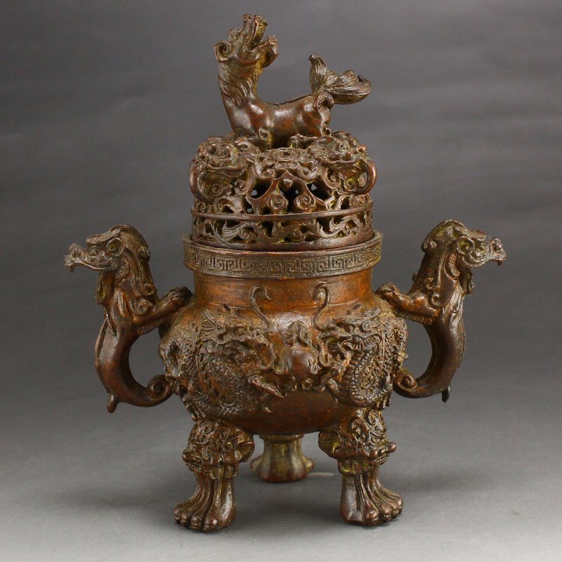 Chinese Red Copper Beast Head 3 Legs Incense Burner (1 of 10)
