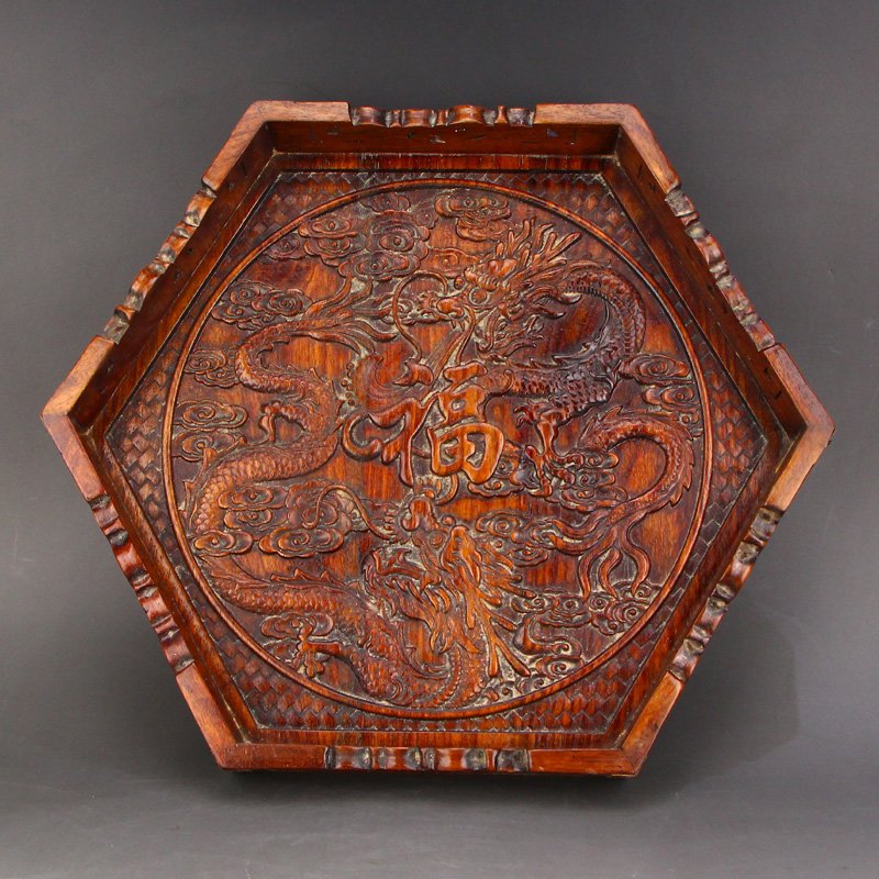 Vintage Chinese Zitan Wood Tea Tray w Double Dragon: Vintage Chinese Zitan Wood Tea Tray w Double Dragon Dimension: 360 x 310 x 45(mm) 14.17 x 12.20 x 1.77(inches) Weight: 1.68 lbs/761 g