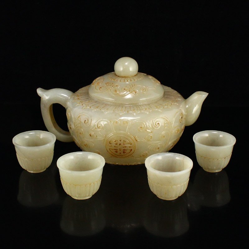 Set Chinese Qing Dynasty Hetian Jade Teapot & Cups (1 of 8)