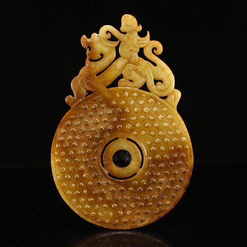 Chinese Hetian Jade Figure & Chi Dragon Jade Bi (1 of 7)