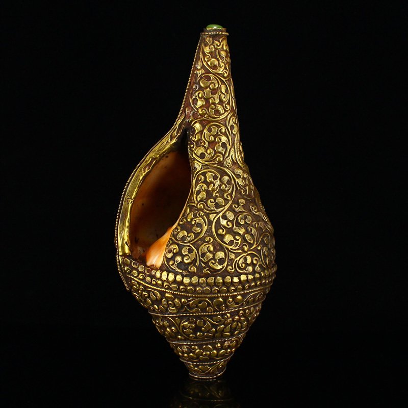 Tibetan Buddhism Gilt Gold Conch Prayer Trumpet (1 of 9)