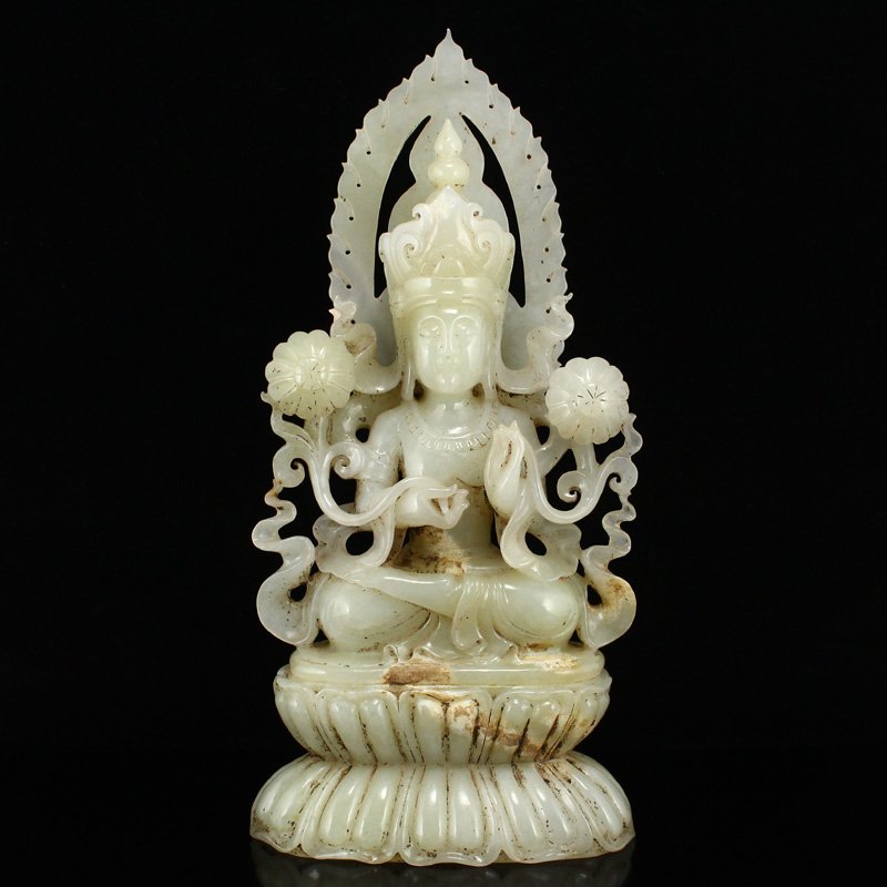Tibetan Hetian Jade Lotus Flower Kwan-yin Statue (1 of 8)