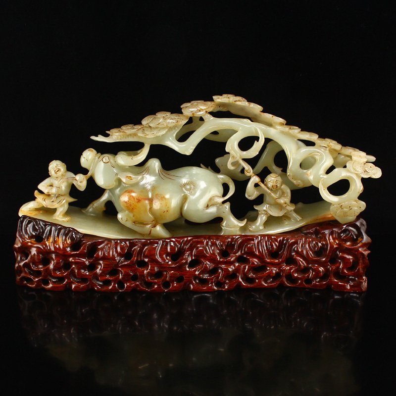 Superb Vintage Chinese Hetian Jade Statue - Kids & Ox (1 of 9)