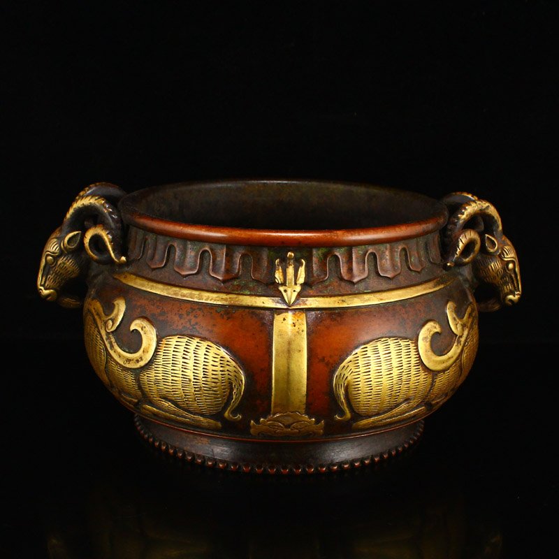 Gilt Gold Red Copper Double Sheep Head Incense Burner (1 of 9)