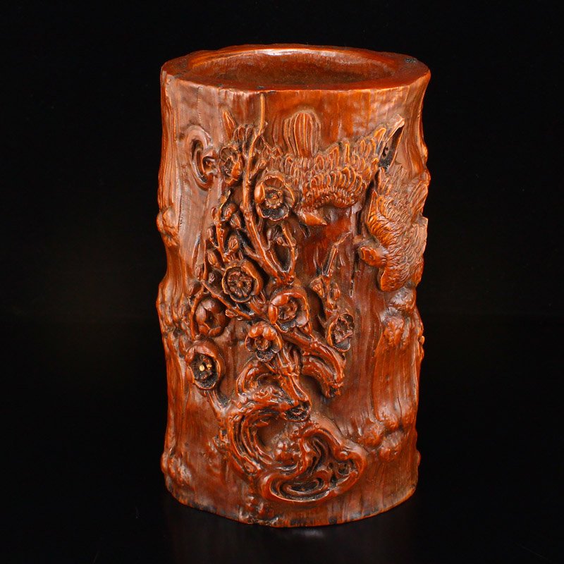 Chinese Boxwood Wood High Relief Brush Pot (1 of 9)