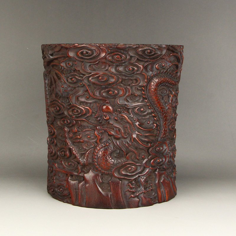 Chinese Zitan Wood Clouds Dragon Design Brush Pot (1 of 8)