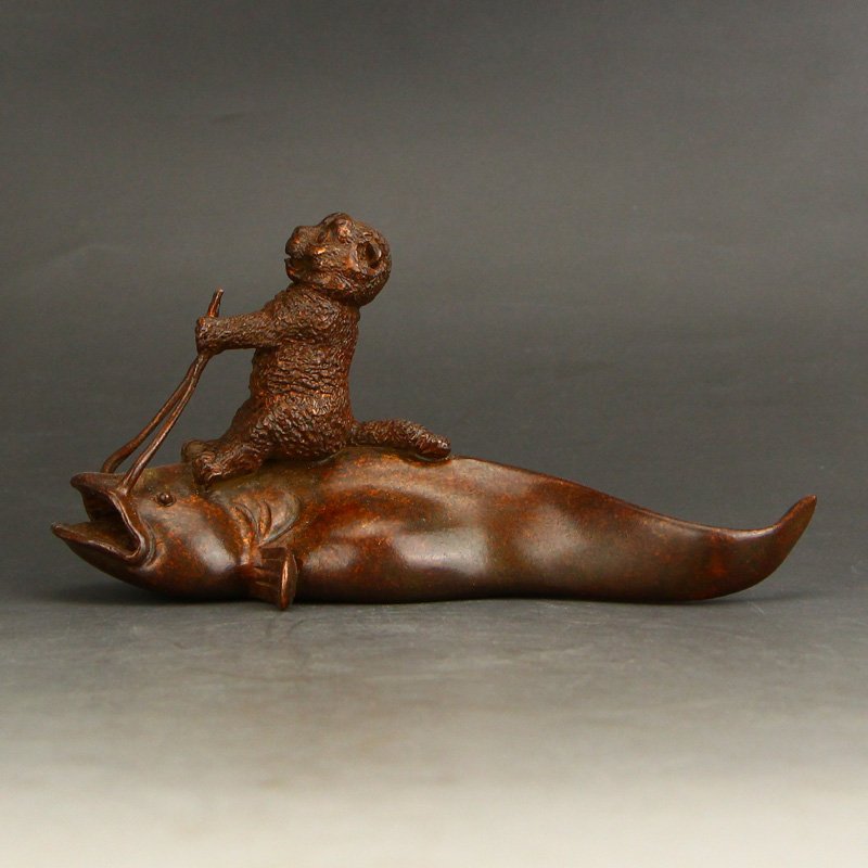 Vintage Chinese Red Copper Cat & Catfish Statue (1 of 7)
