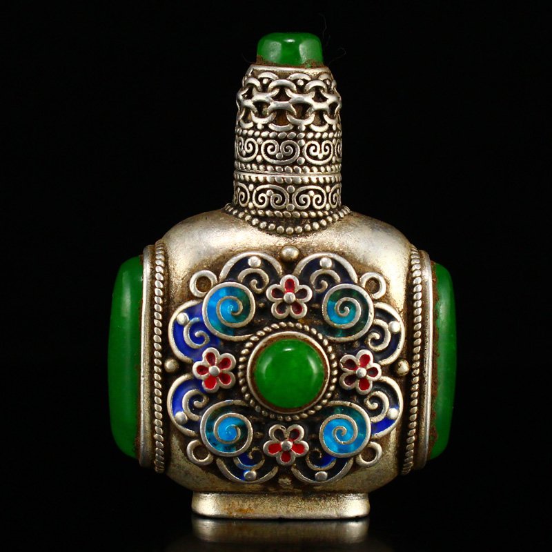 Vintage Silver Inlay Green Jade Snuff Bottle (1 of 7)