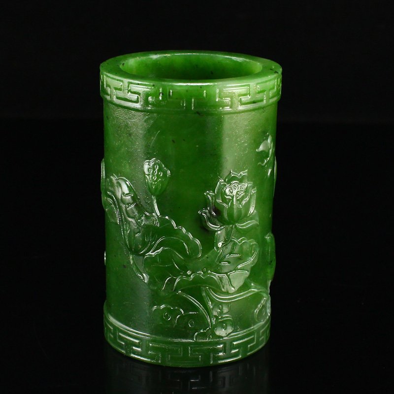 Chinese Natural Green Hetian Jade Brush Pot (1 of 7)