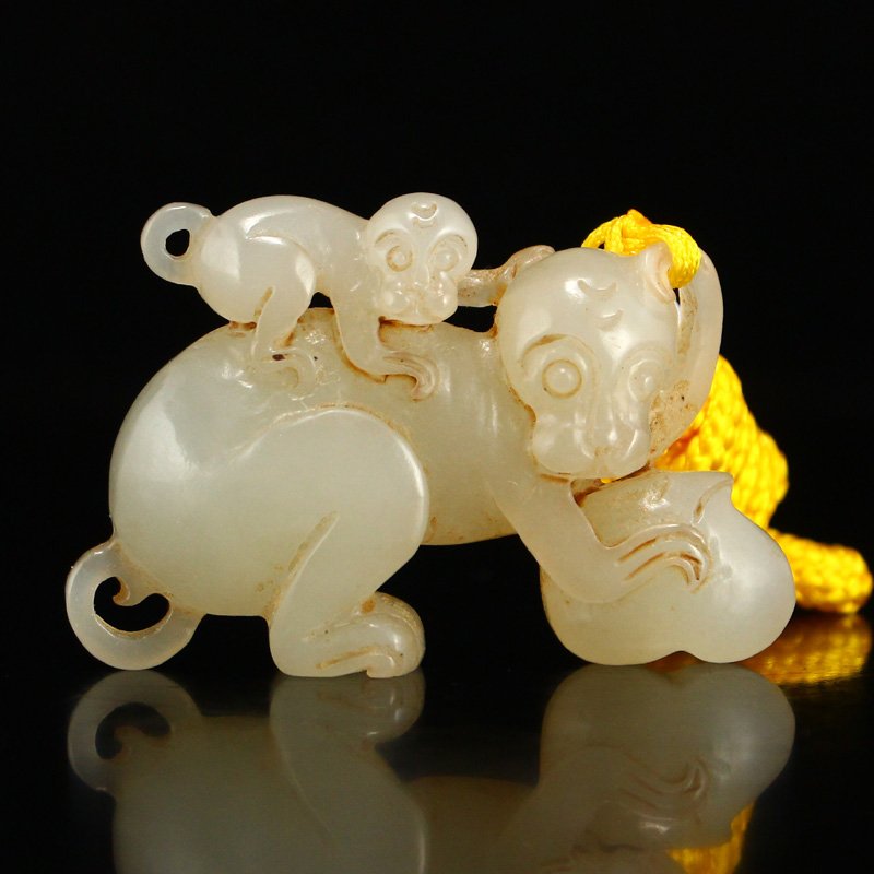 Vintage Chinese Hetian Jade Monkeys & Peach Pendant (1 of 7)