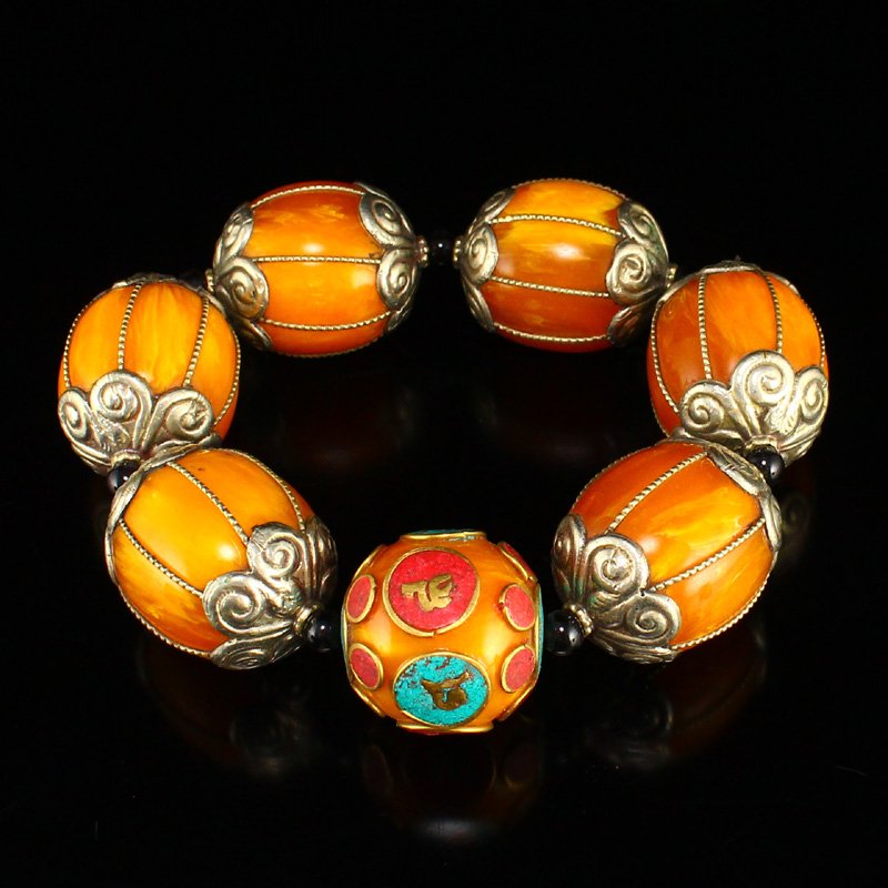 Vintage Tibetan Silver & Amber Beads Bracelet (1 of 5)