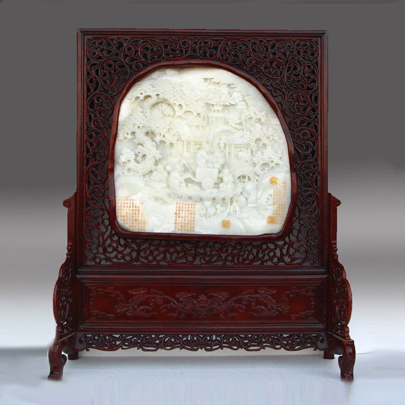41.6 KG Huge Hetian Jade & Zitan Wood Screen Statue (1 of 12)