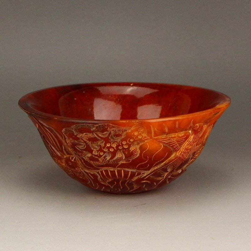 Chinese Ox Horn Low Relief Bowl - Eagle & Pine Tree (1 of 7)