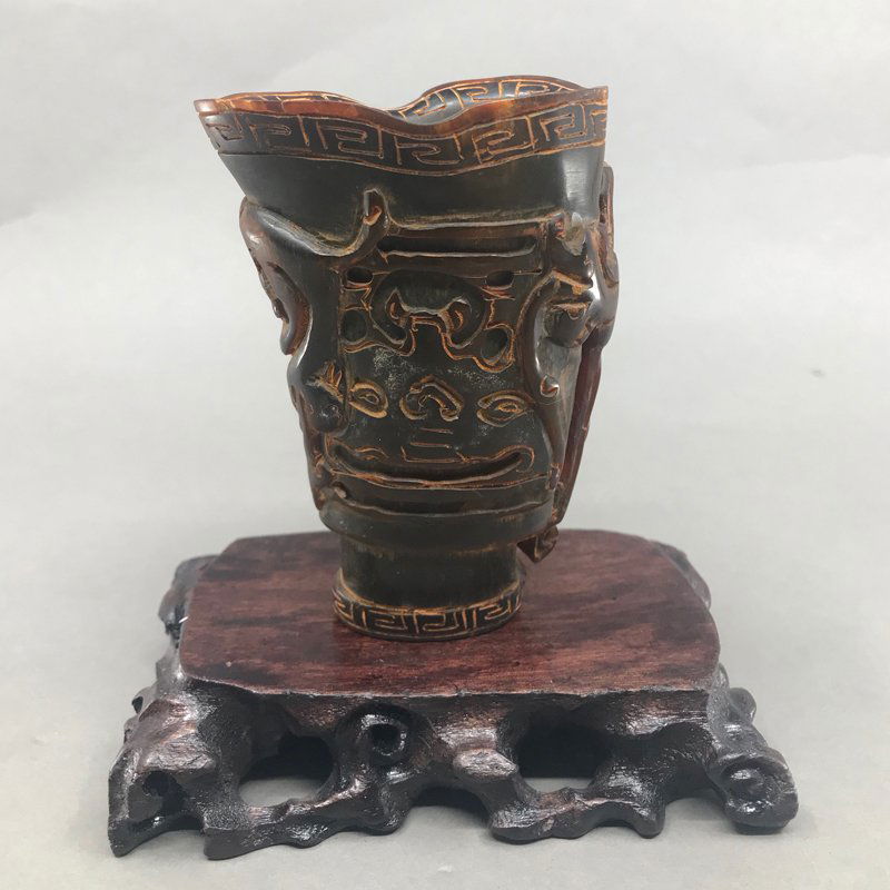 Vintage Chinese Ox Horn Low Relief Chi Dragon Cup (1 of 8)