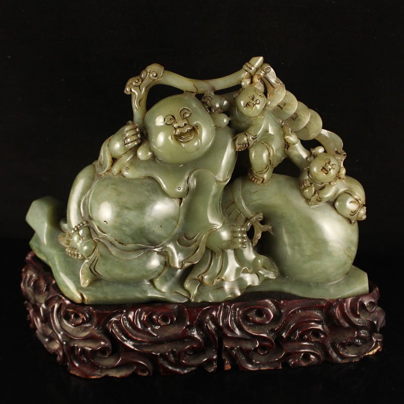 Hetian Jade Statue - Laughing Buddha & Fortune Kids (1 of 6)