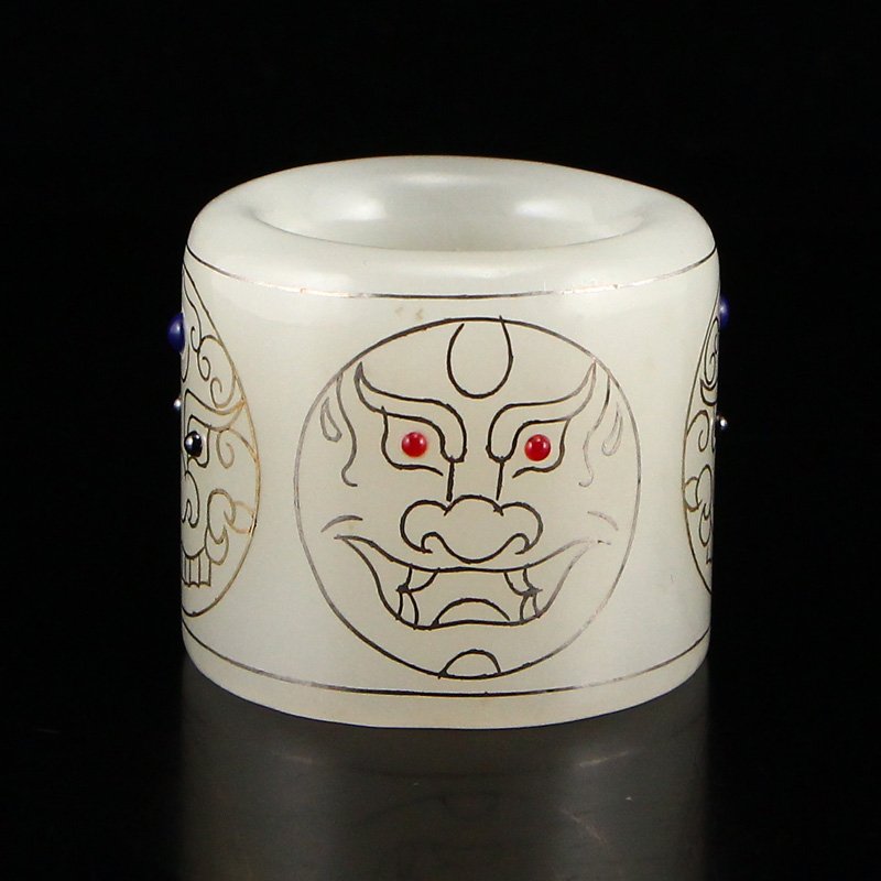 Chinese Hetian Jade Inlay Silver Wire & Gem Thumb Ring: Chinese Hetian Jade Inlay Silver Wire & Gem Thumb Ring w Certificate US Size: 12 Dimension: 25 x 35(mm)0.98 x 1.38(inches) Weight: 0.18 lbs/83 g