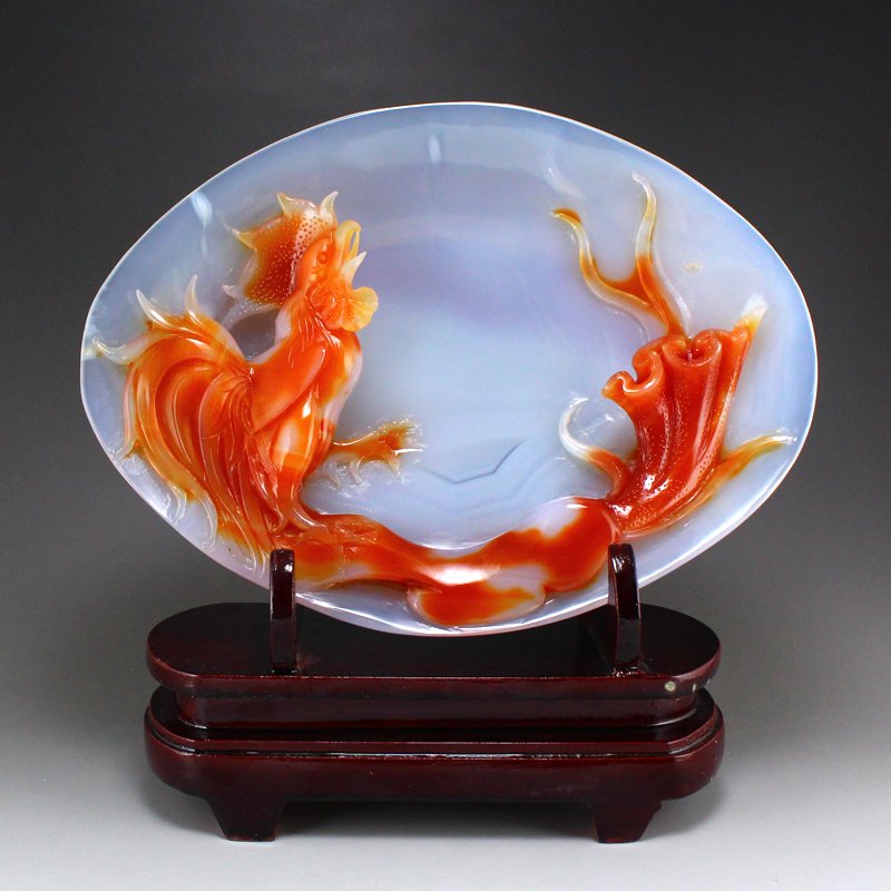 Superb Chinese Natural Agate Plate Carved Rooster (1 of 7)