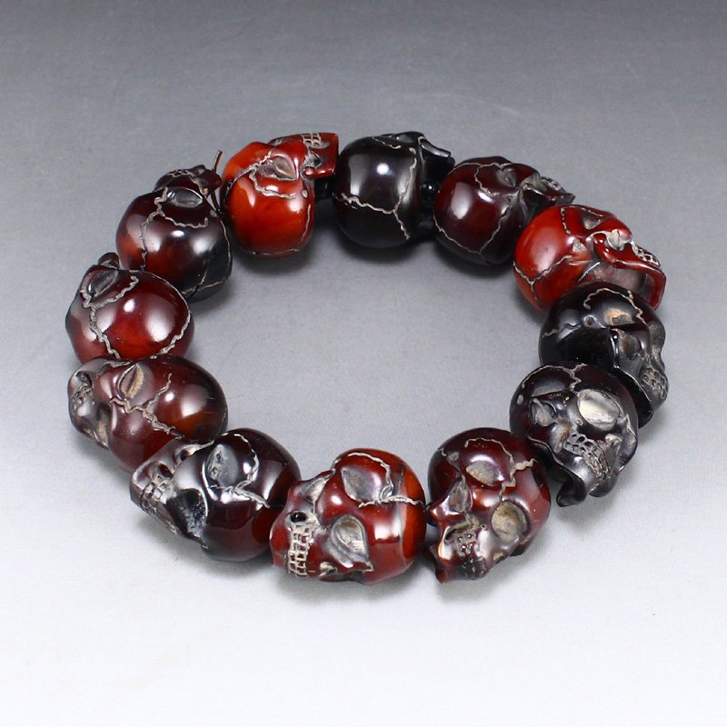 Vintage Chinese Ox Horn Carved Skull Head Bracelet (1 of 6)